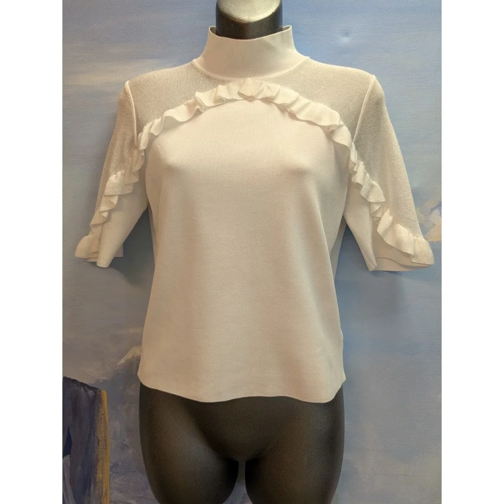 NEW! Alice + Olivia M White Knit 'Chiara' Ruffle Pullover Top Short Sleeve $360